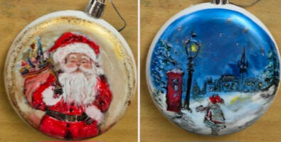 Christmas bauble decoration Acrylic hand painted santa on one side and child by a red letterbox posting a letter to the north pole