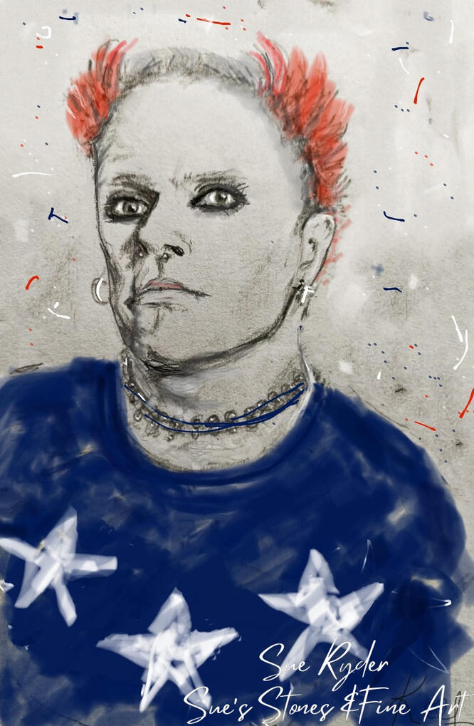 Keith Flint of the prodigy pencil and digital piece in stars and stripes firestarter jumper. Personal piece
