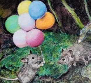 Party Time Mice colour pencil Ref photo by Gez Robinson SOLD