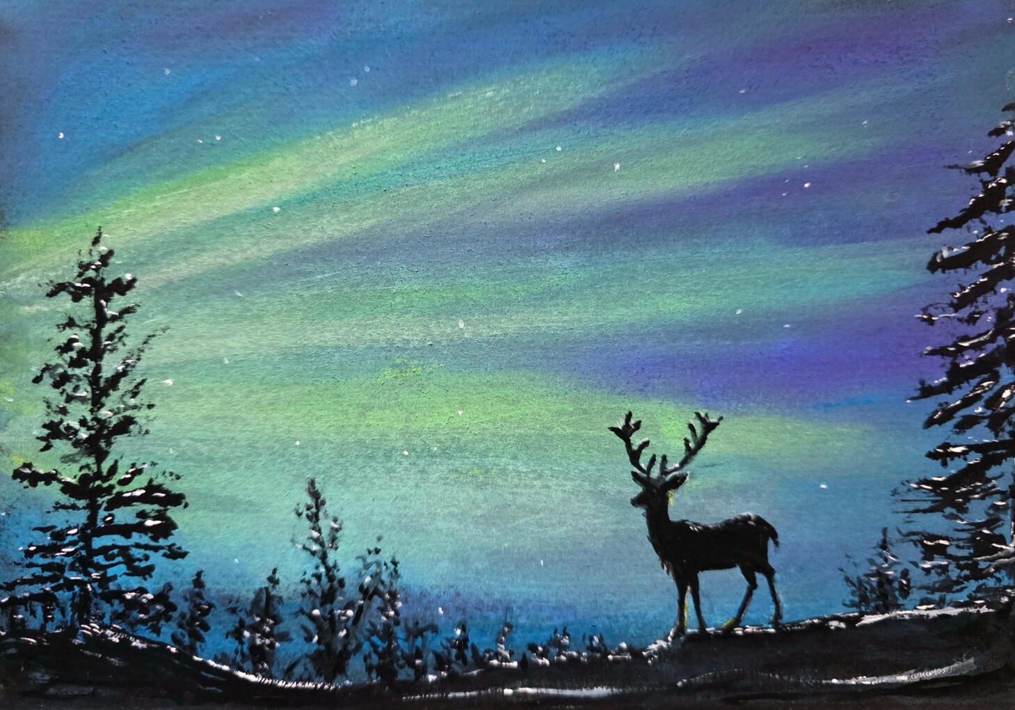 A silhouette of a deer under the blue and green northern lights. Pastel drawing