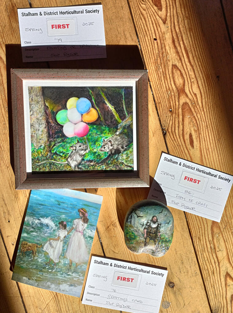 Award winning Art by Sue's Stones and Fine Art. First place awards for Party Time Mice pencil drawing, victorian beach day greeting card created from my acrylic art and a hand painted stone a mythical style scene with a giant and knight