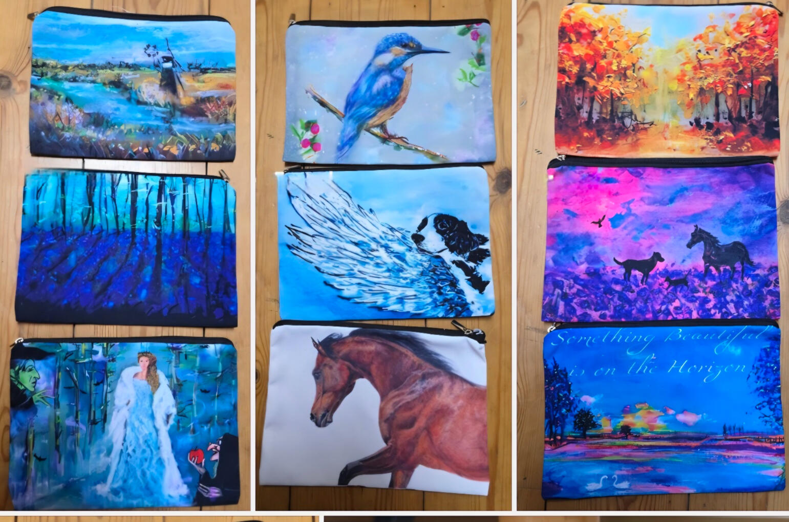 Various art themes printed onto zip up pencil case/makeup bags